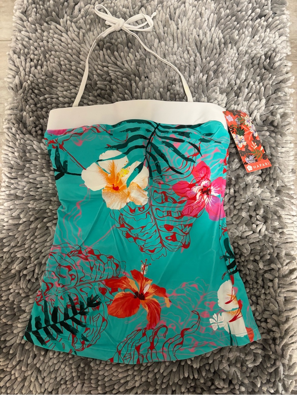 Hapari Turquoise Floral Tankini Swim Top with White Band